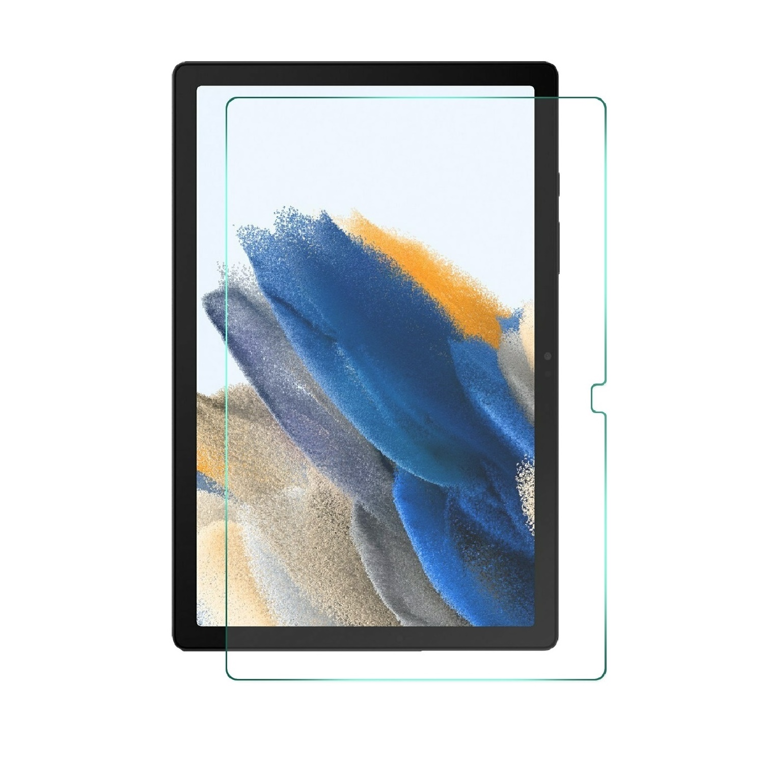 Ein Tablet mit Displayschutzfolie. Der Bildschirm zeigt abstrakte Kunst in Blau, Gelb und Grau. Der Schutz hat eine grüne Tönung.