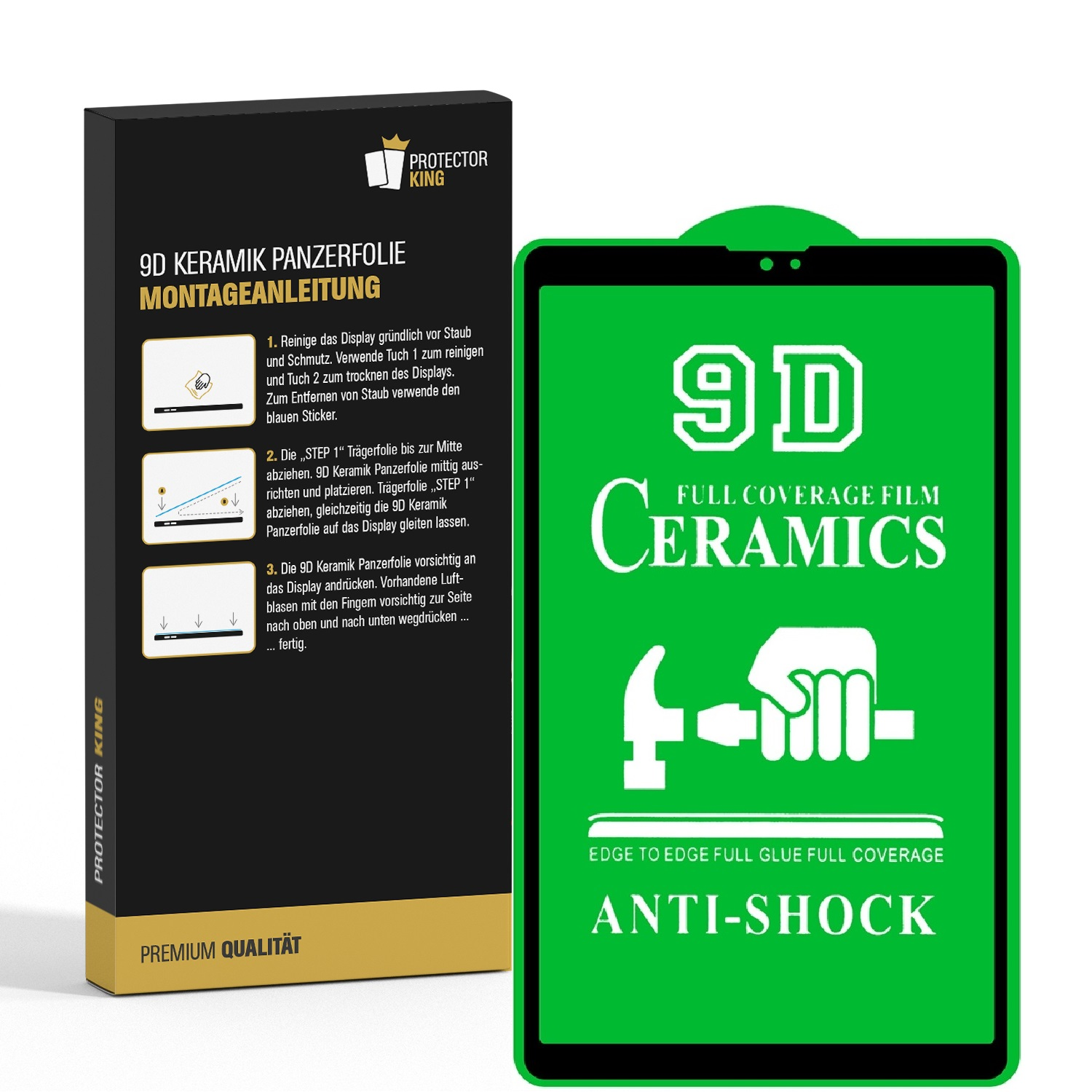 Eine Handy-Displayschutzfolienverpackung. Sie ist schwarz und gold mit grünen Details und Anweisungen. Die Marke ist Protector King.
