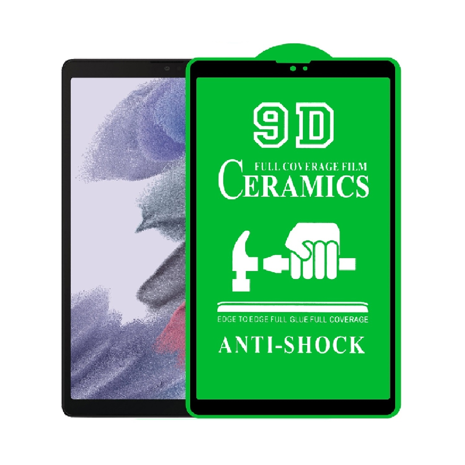Ein Tablet mit Displayschutz. Der Schutz ist grün mit weißem Text: '9D Ceramics Anti-Shock'.