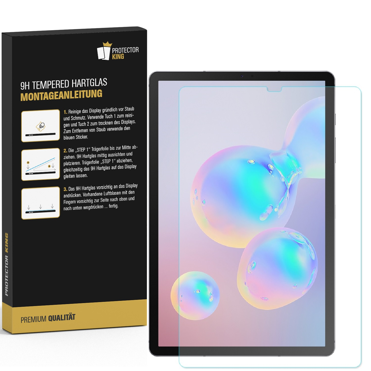 Eine Schutzfolie aus gehärtetem Glas und ein Tablet mit bunten Blasen im Hintergrund sowie Anweisungen zur Anwendung.
