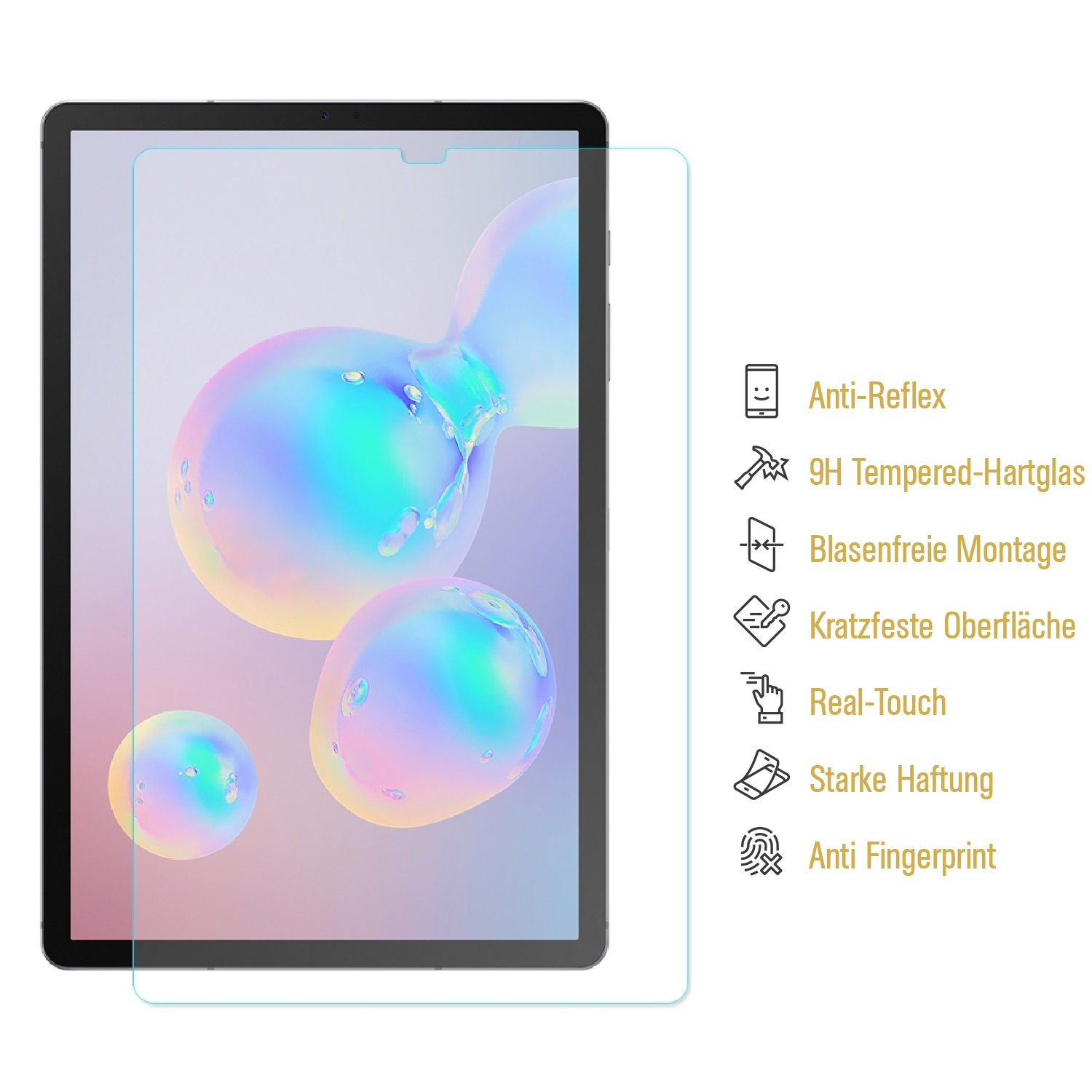 Ein Tablet mit Displayschutzfolie. Holografische Blasen im Hintergrund. Symbole und Textbeschreibungen befinden sich rechts vom Tablet.