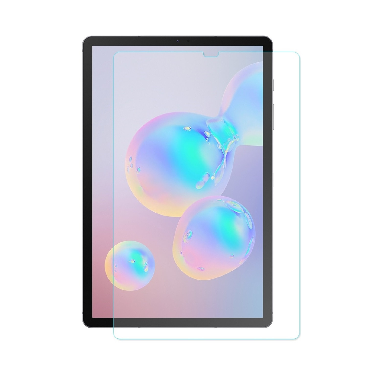 Ein Tablet mit Displayschutzfolie. Der Bildschirm zeigt farbenfrohe, schillernde Kugeln. Der Schutz ist klar und leicht versetzt.