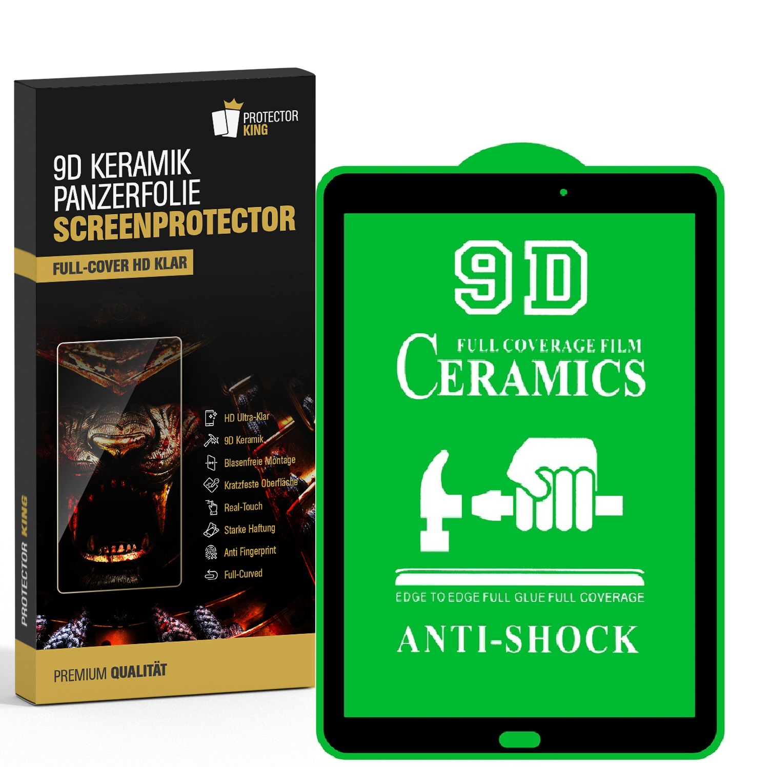 Eine Displayschutzfolienbox und ein Tablet-Bildschirm. Auf der Box steht '9D Keramik Panzerfolie Screenprotector'. Tablet zeigt 'Ceramics Anti-Shock'.