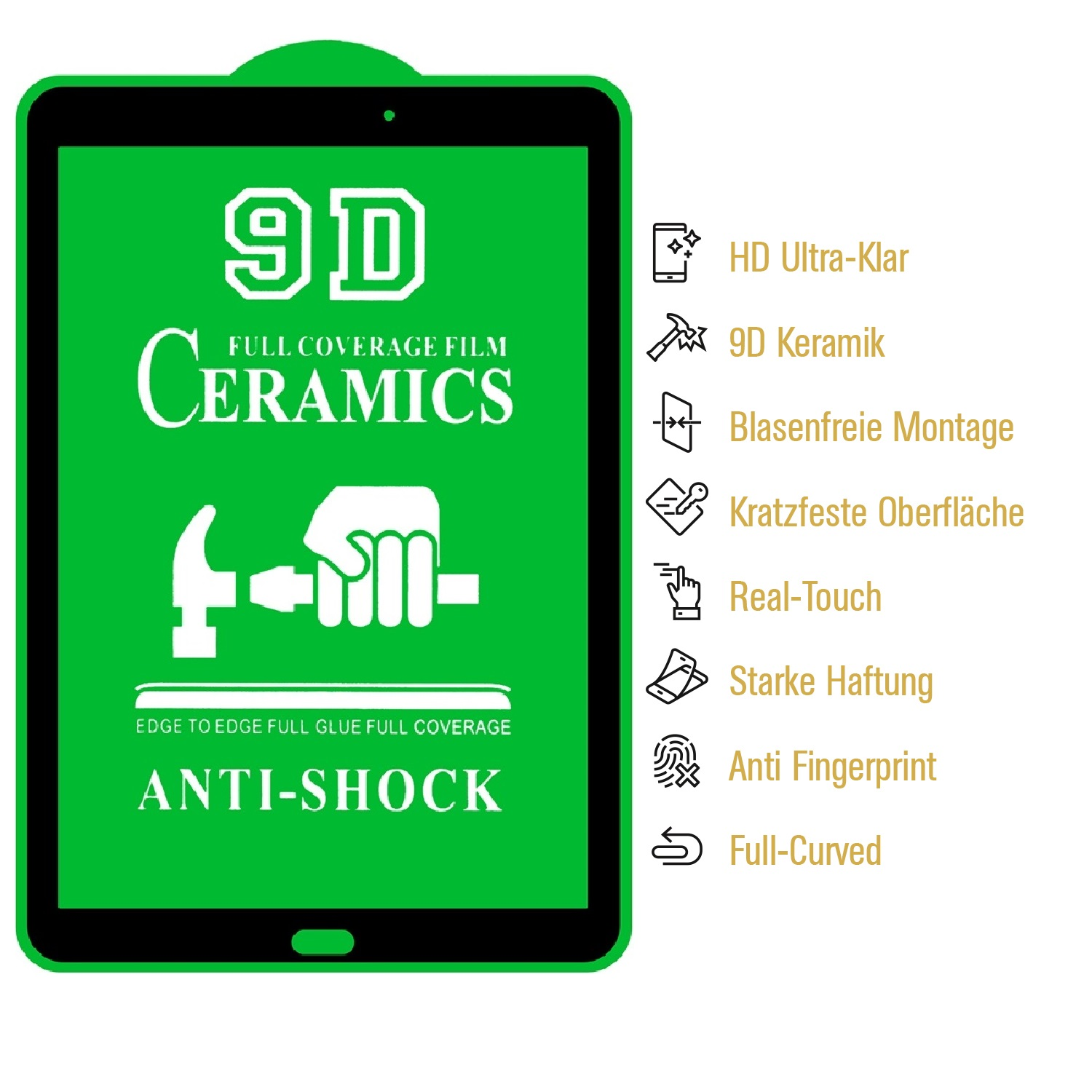 Ein grüner Bildschirmschutz mit weißem Text. Es steht '9D Ceramics Anti-Shock'. Merkmale sind HD, 9D Keramik und Anti-Fingerprint.