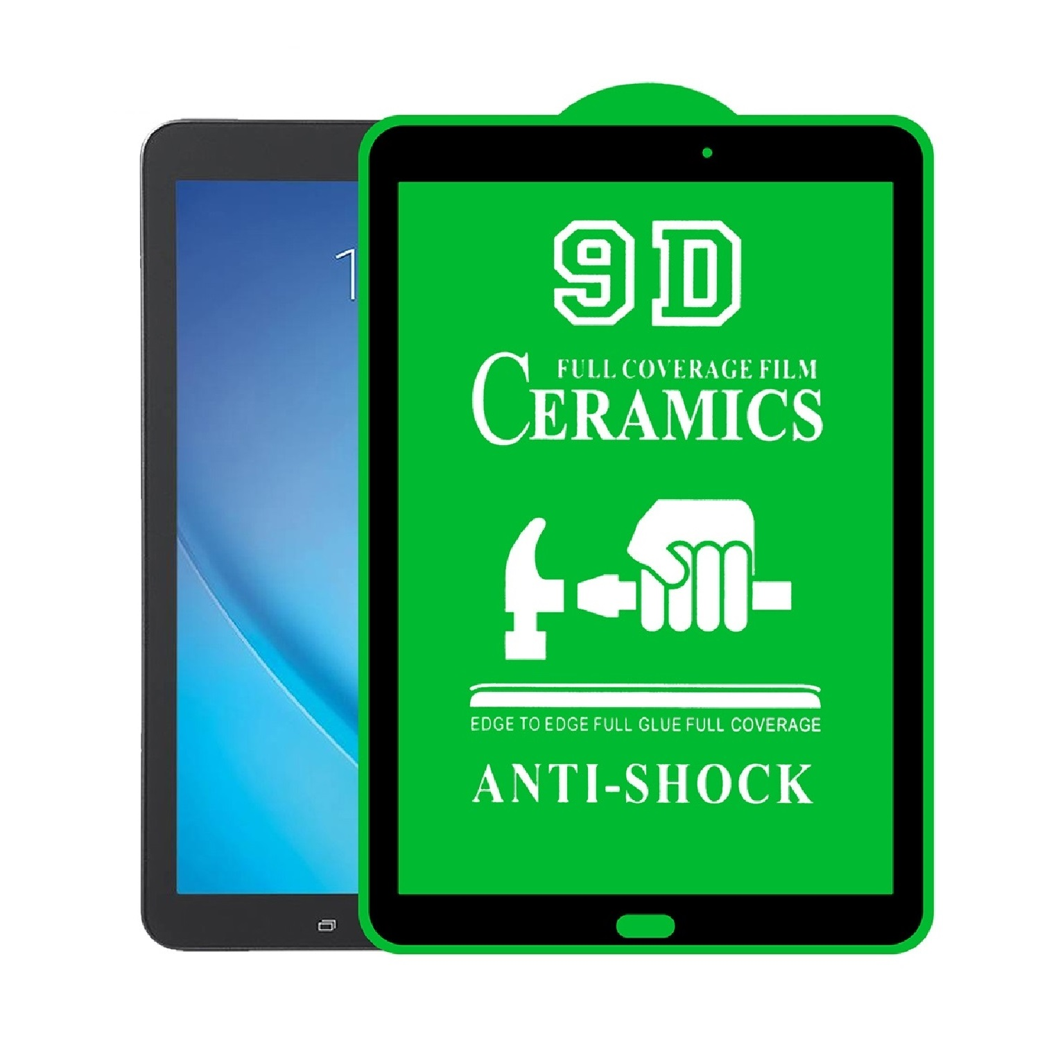 Ein Tablet mit grünem Displayschutz. Text: 9D Keramik, Anti-Schock.