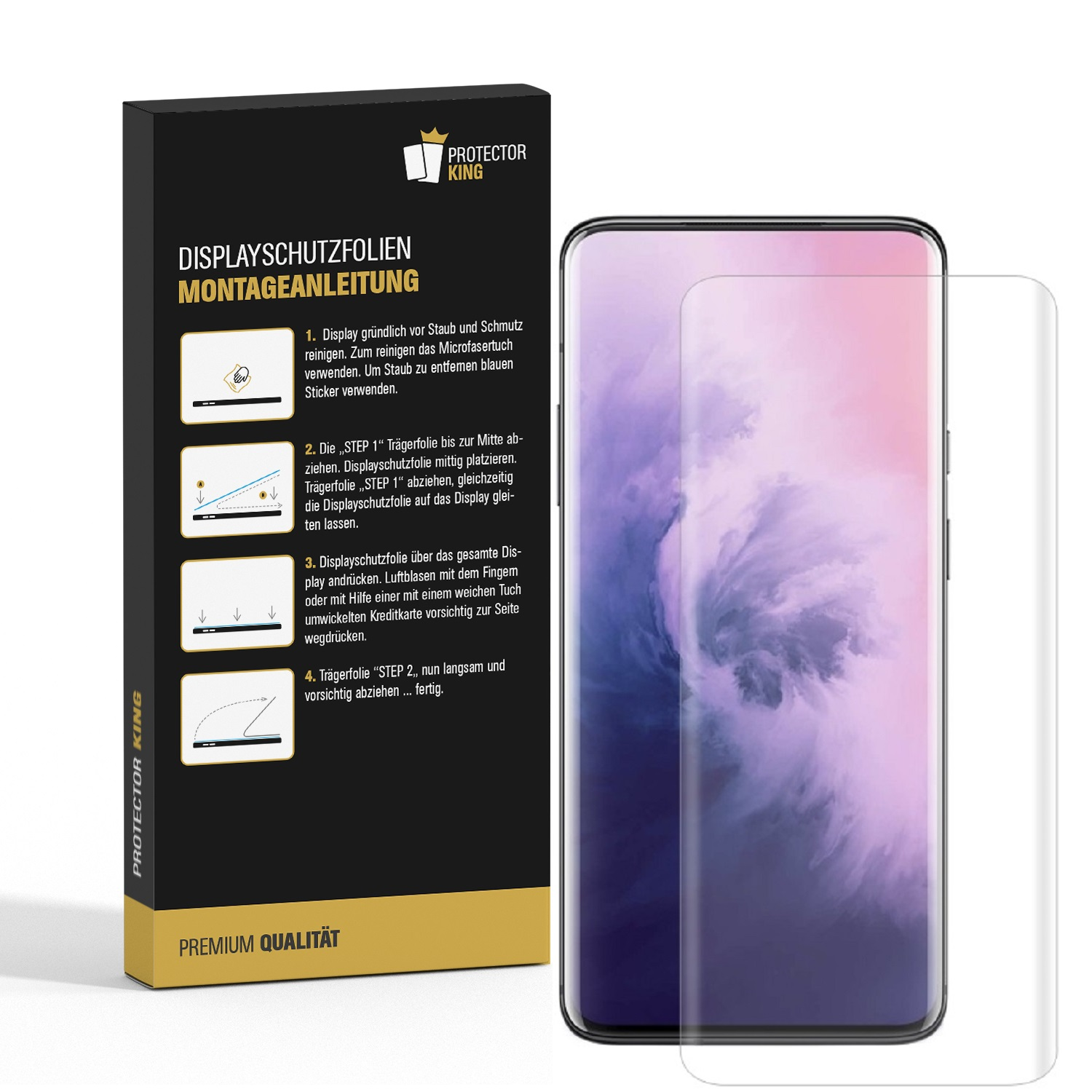 Ein Smartphone mit Displayschutzfolie und eine schwarz-goldene Box mit Anweisungen zur Anbringung des Schutzes.