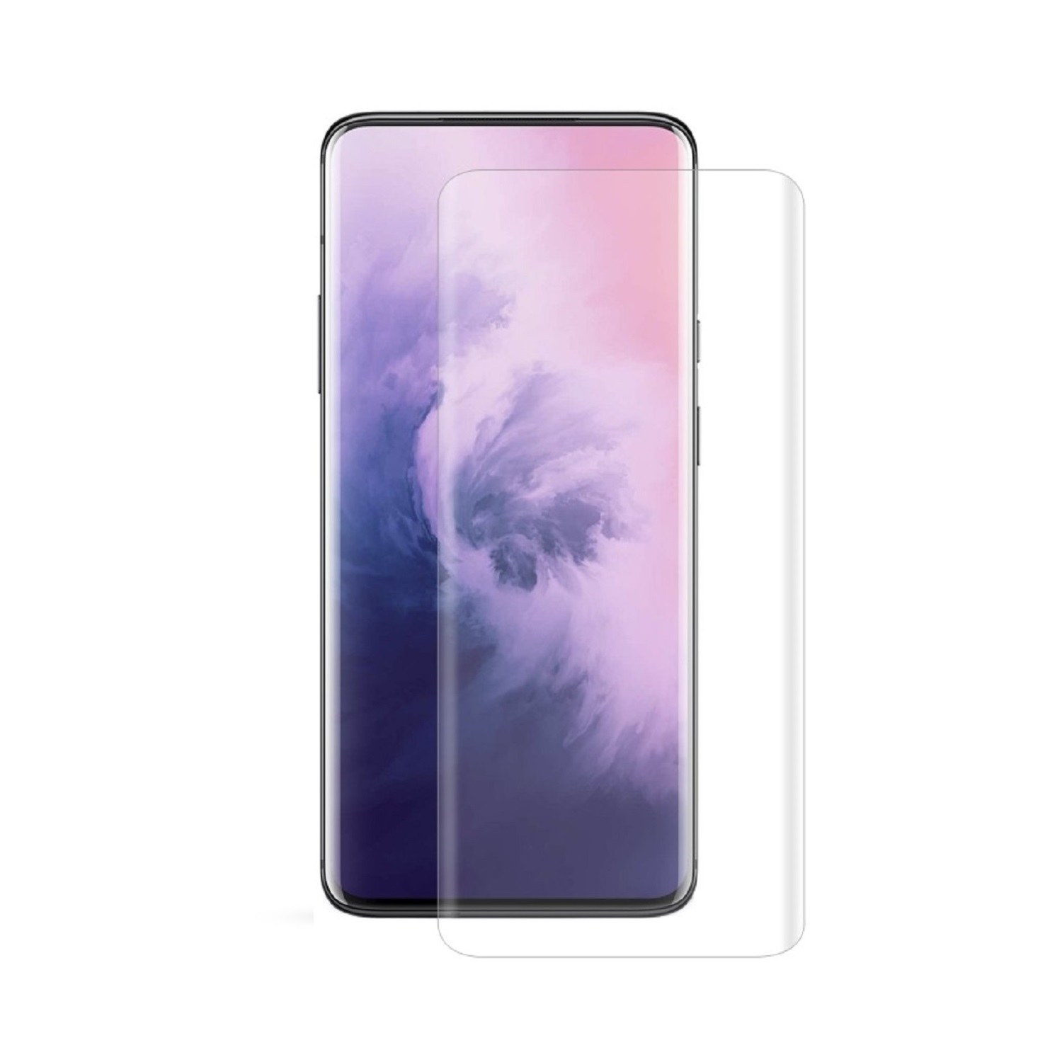 Ein Smartphone mit Displayschutzfolie. Das Telefon zeigt ein lila-blaues Bild. Der Schutz ist transparent.