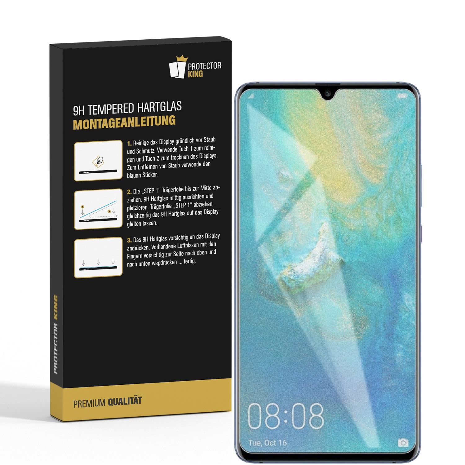Ein Bildschirmschutz-Kit neben einem Telefon, das die Uhrzeit anzeigt. Das Kit enthält Anweisungen und das Telefon hat einen Bildschirm.