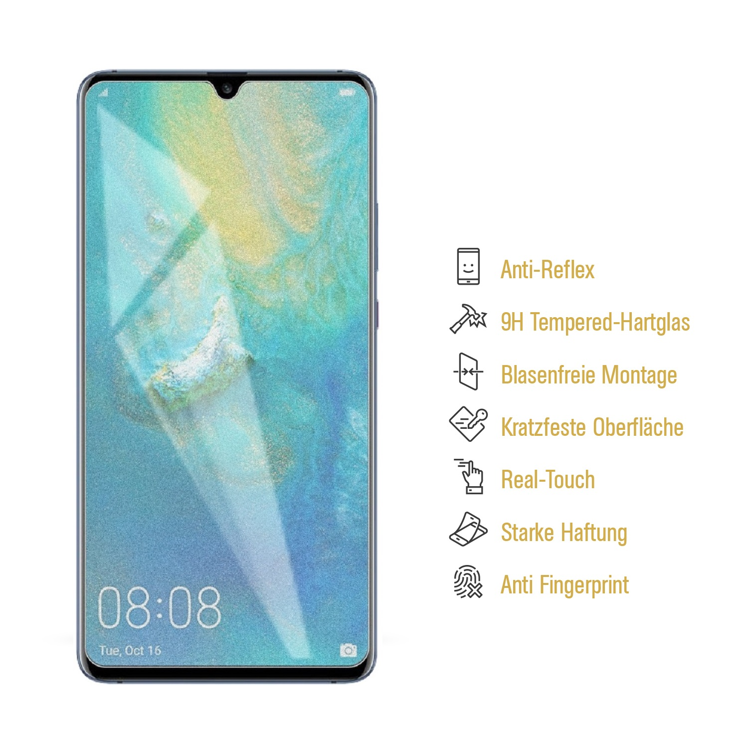 Smartphone-Bildschirm mit Uhrzeit und Datum. Merkmale sind Entspiegelung, gehärtetes Glas und Anti-Fingerprint-Schutz.
