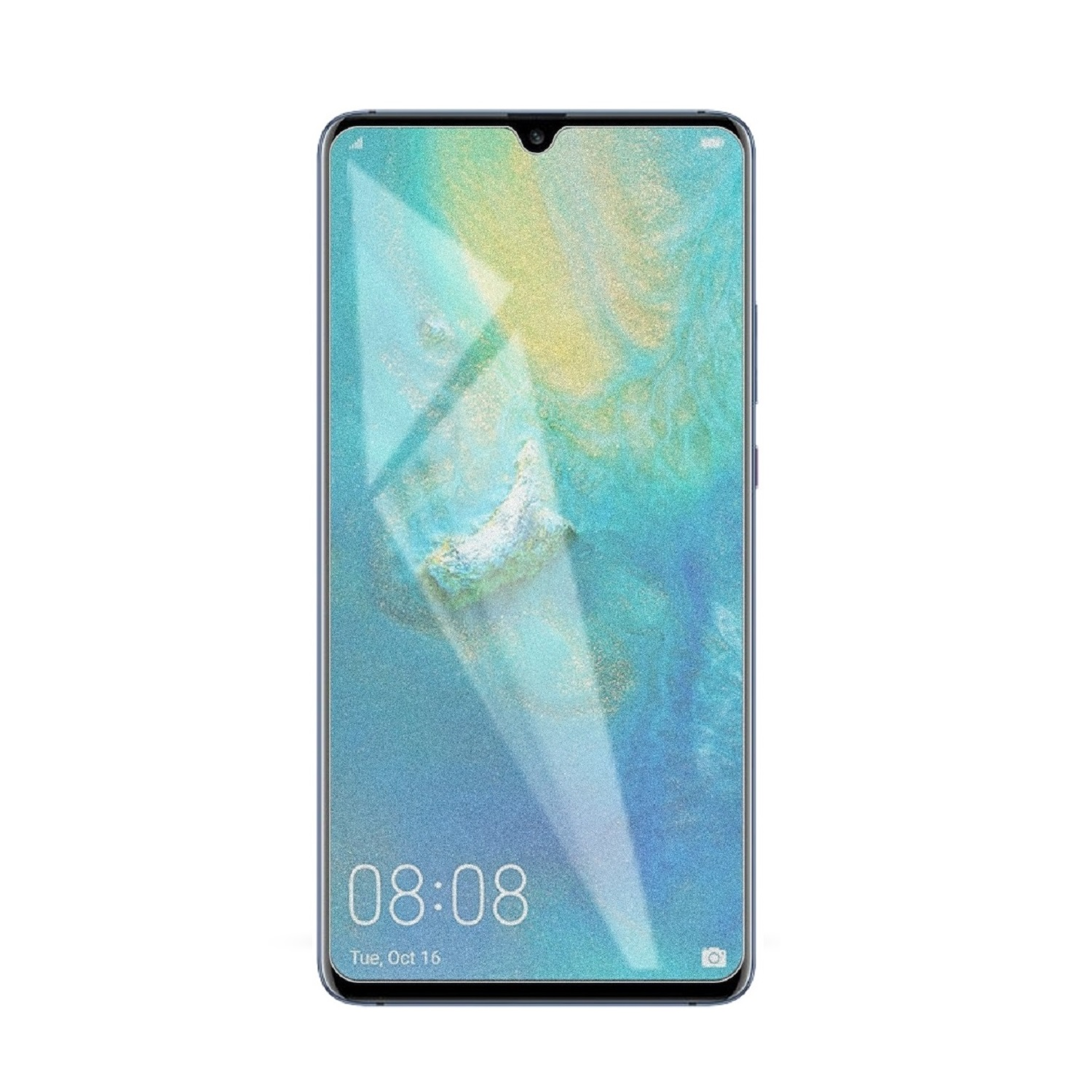 Ein Smartphone mit blau-grünem Bildschirm, auf dem Zeit, Datum und ein unscharfes Muster angezeigt werden. Das Telefon hat einen dunkelblauen Rahmen.