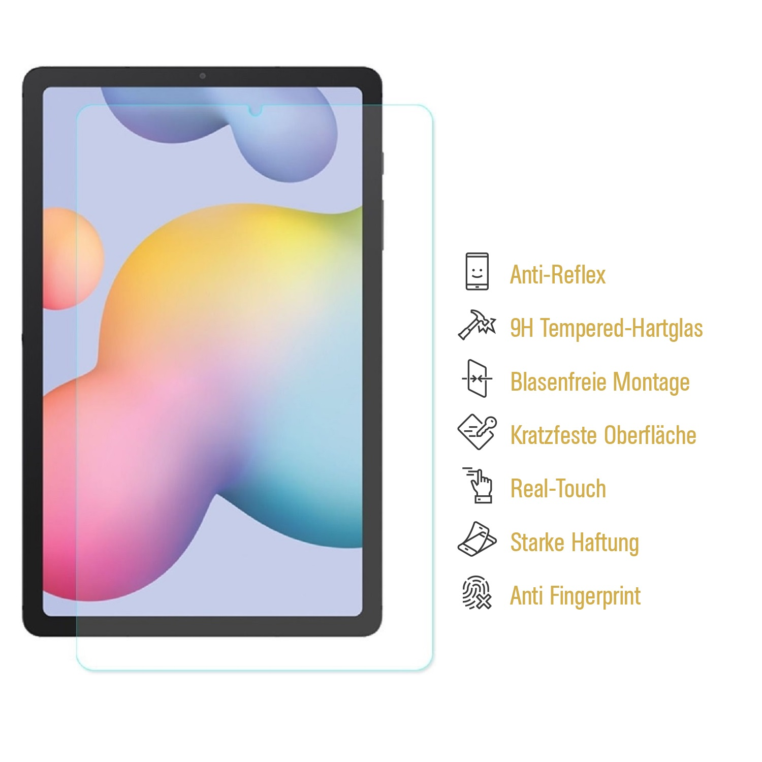 Tablet mit Displayschutz, Eigenschaften: Anti-Reflex, 9H gehärtetes Glas, blasenfrei, kratzfest, Real-Touch, starker Halt, Anti-Fingerabdruck.