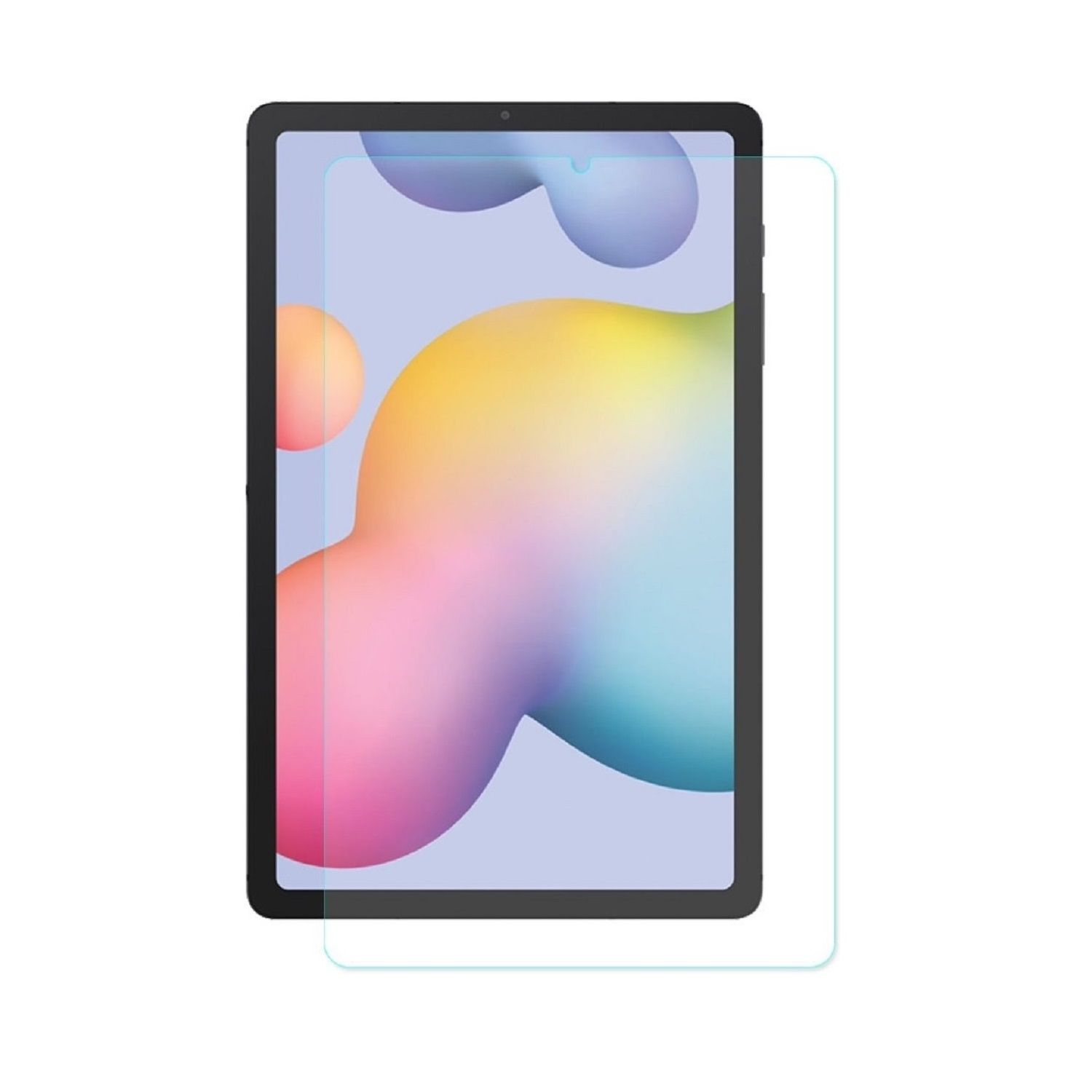 Ein Tablet mit Displayschutzfolie. Der Bildschirm zeigt ein farbenfrohes, abstraktes Design. Das Tablet ist schwarz, der Schutz transparent.
