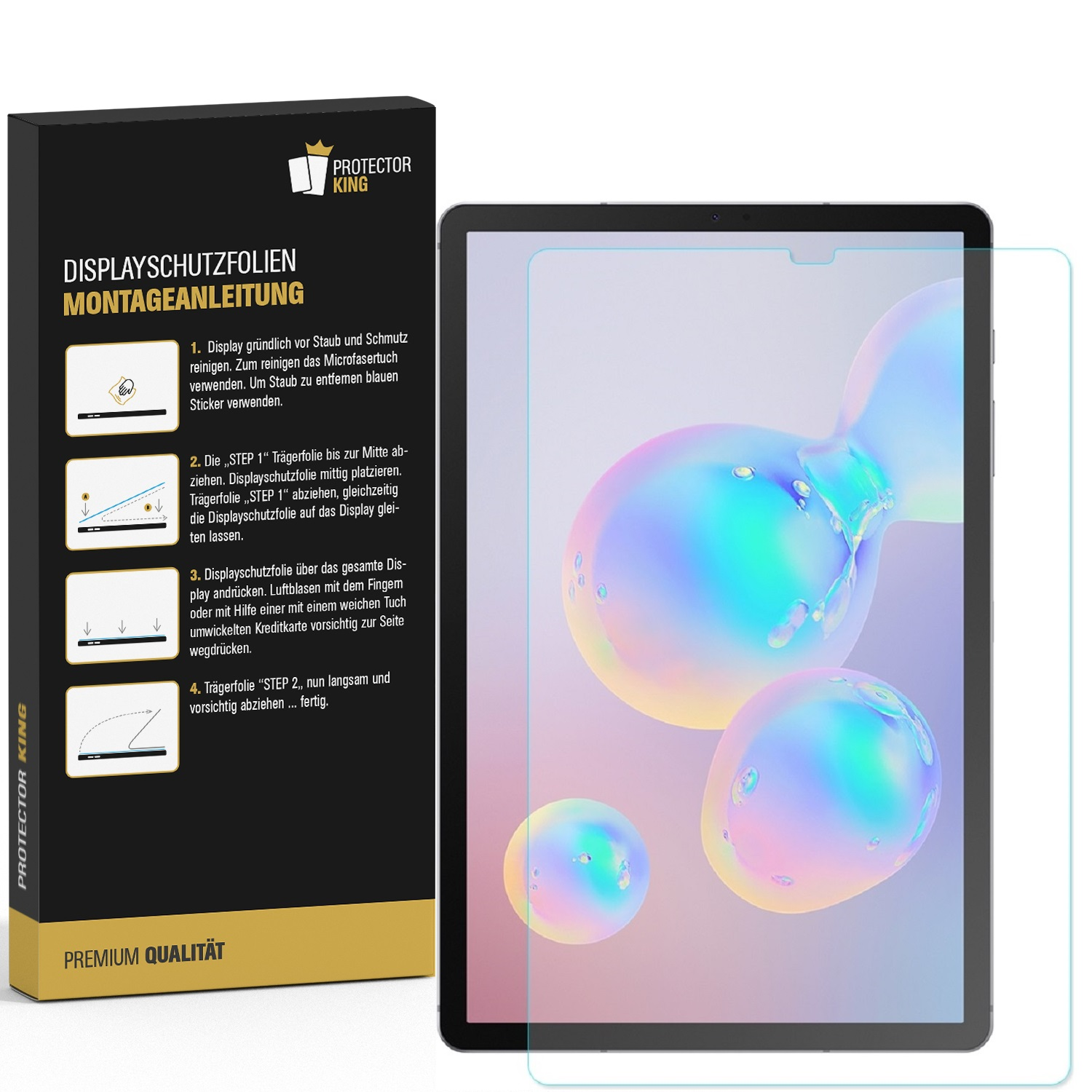 Ein Tablet mit angebrachter Displayschutzfolie neben einer Box mit Anweisungen. Blasen sind auf dem Tablet-Bildschirm sichtbar.