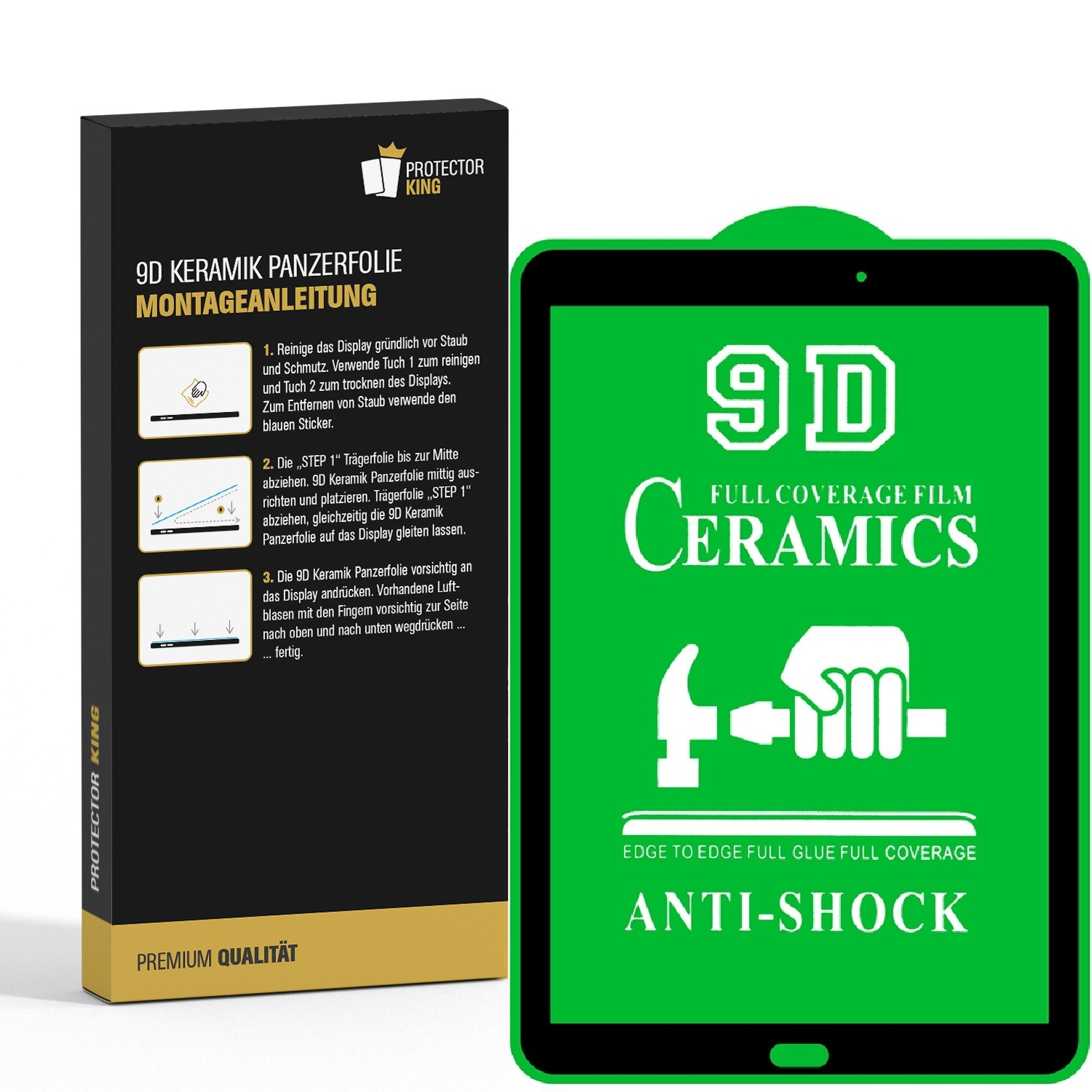 Schwarze Box mit Anweisungen und grünes Tablet mit '9D Keramik'.