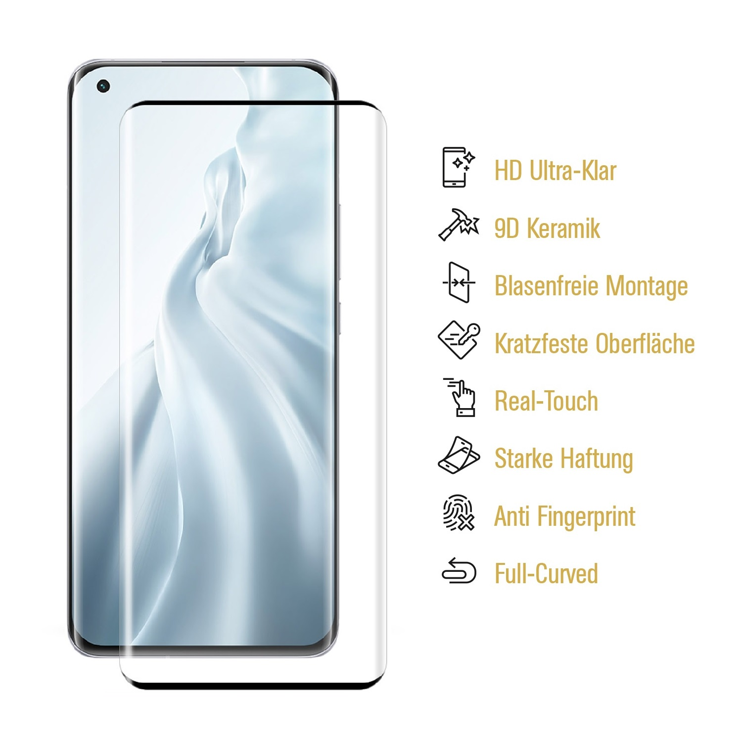 Ein Smartphone mit Displayschutzfolie. Es hat Funktionen wie HD-Klarheit, 9D-Keramik, blasenfreie Montage und Fingerabdruckresistenz.