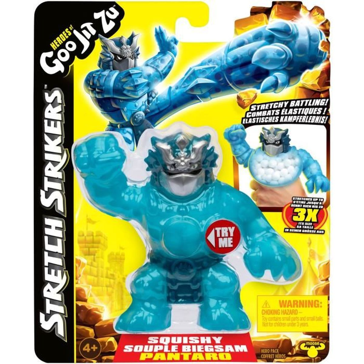 Eine Spielzeugverpackung zeigt eine blaue Actionfigur namens Pantaro. Auf der Verpackung steht 'Stretch Strikers' und 'Try Me'.