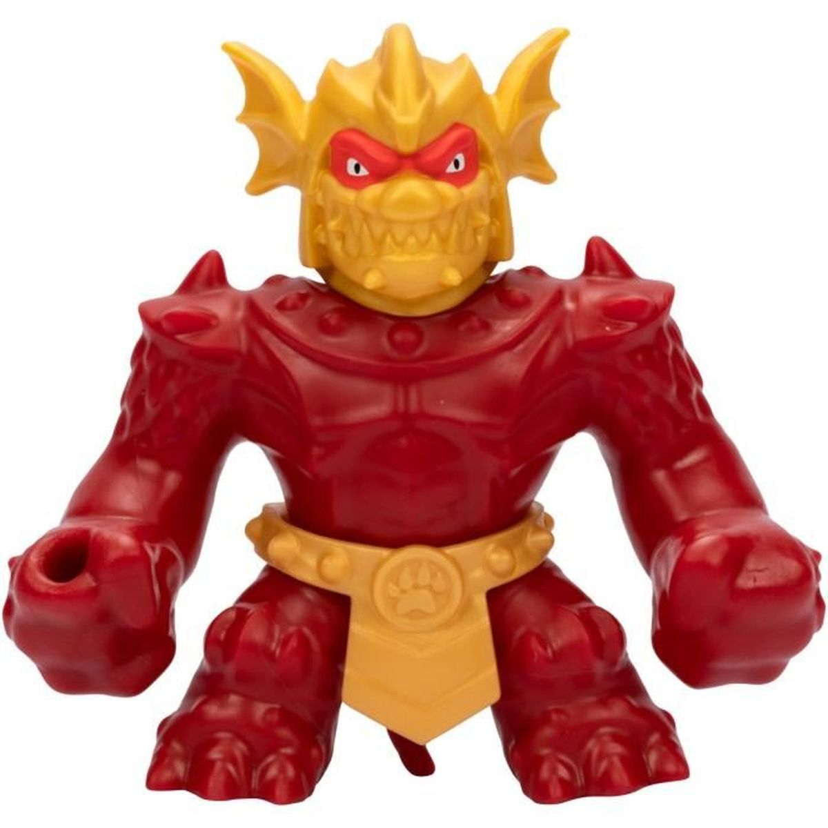 Ein rotes und gelbes Monstermonsterspielzeug mit einem bedrohlichen Gesichtsausdruck. Es hat Stacheln, Krallen und einen Gürtel mit Pfotenabdruck.