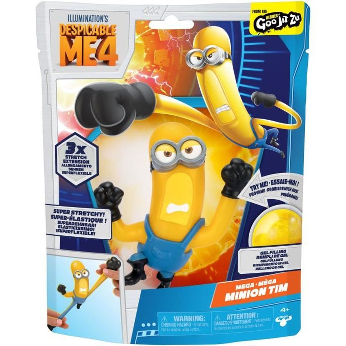 El empaque muestra un juguete Minion Tim de Despicable Me 4. El juguete es amarillo, usa overoles azules y tiene guantes negros.