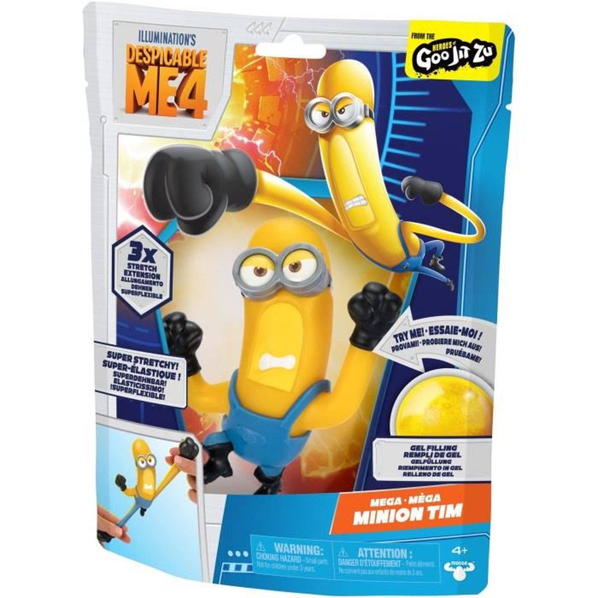 Un juguete Minion Tim Goo Jit Zu en su embalaje. El juguete es amarillo con guantes negros, un mono azul y gafas. El fondo es azul.