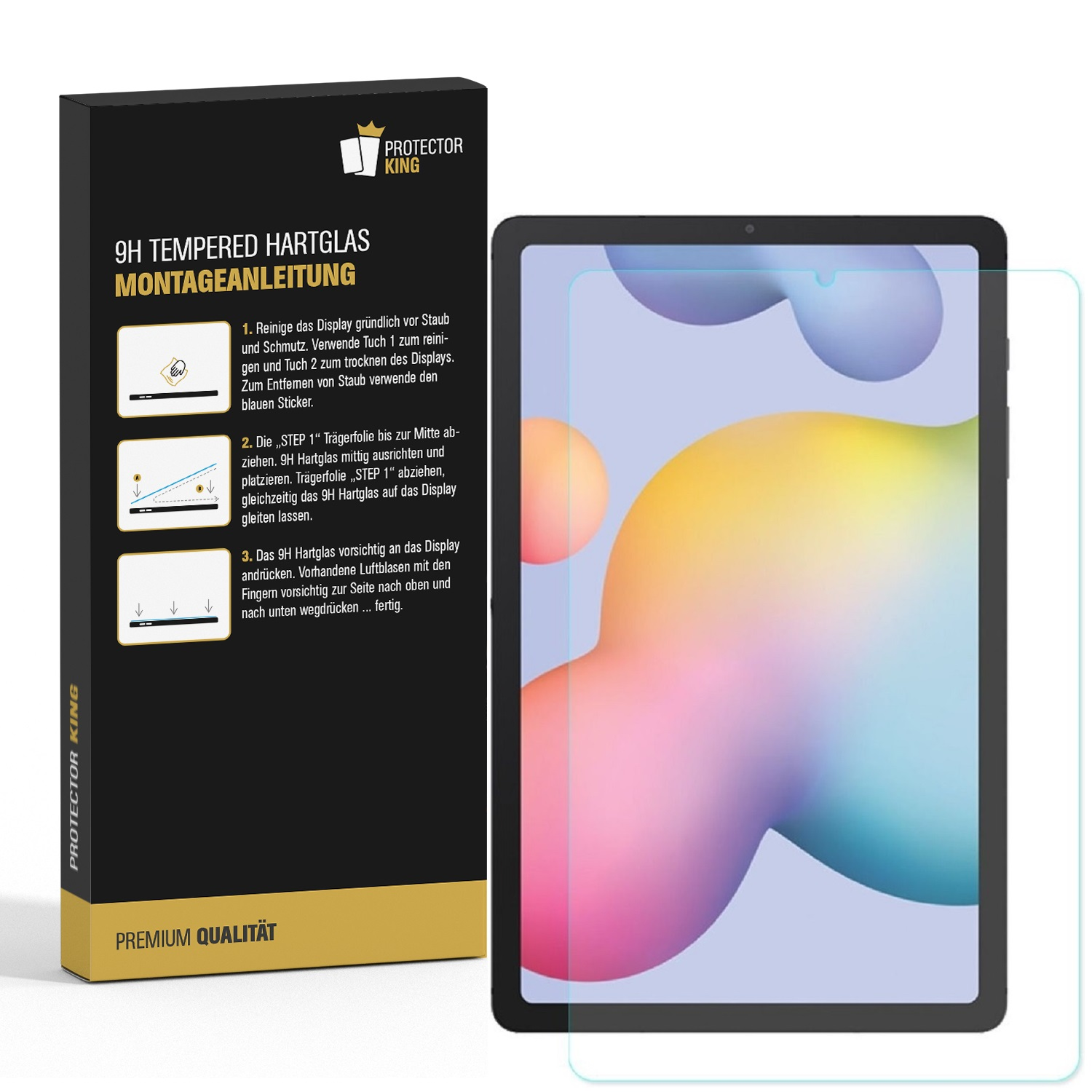 Ein Tablet mit Displayschutzfolie neben der Verpackung. Die Verpackung enthält Anweisungen und das Logo der Marke.