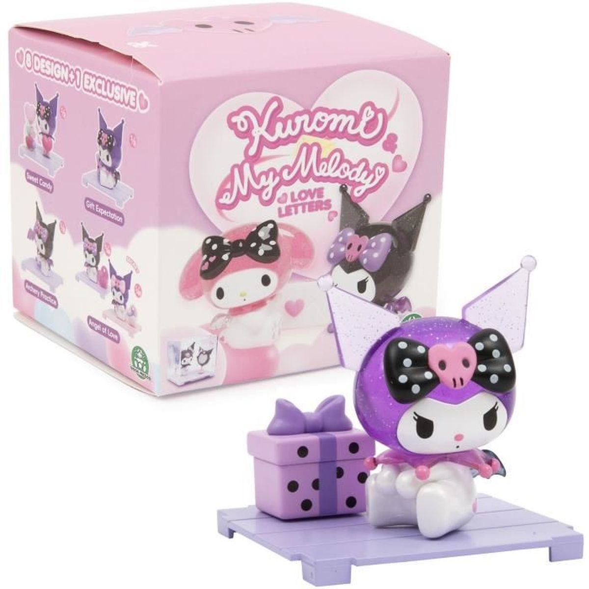 Eine My Melody-Sammelfigur mit Geschenkbox und einer rosa Box mit anderen Figuren. Die Figur hat einen lila Kopf, eine Schleife und Flügel.