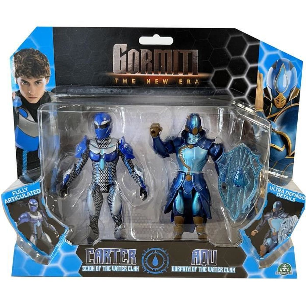 Eine Spielzeugverpackung mit zwei Gormiti-Actionfiguren, Carter und Aqu. Sie sind blau und silber. Die Verpackung hat das Logo "Gormiti the New Era".