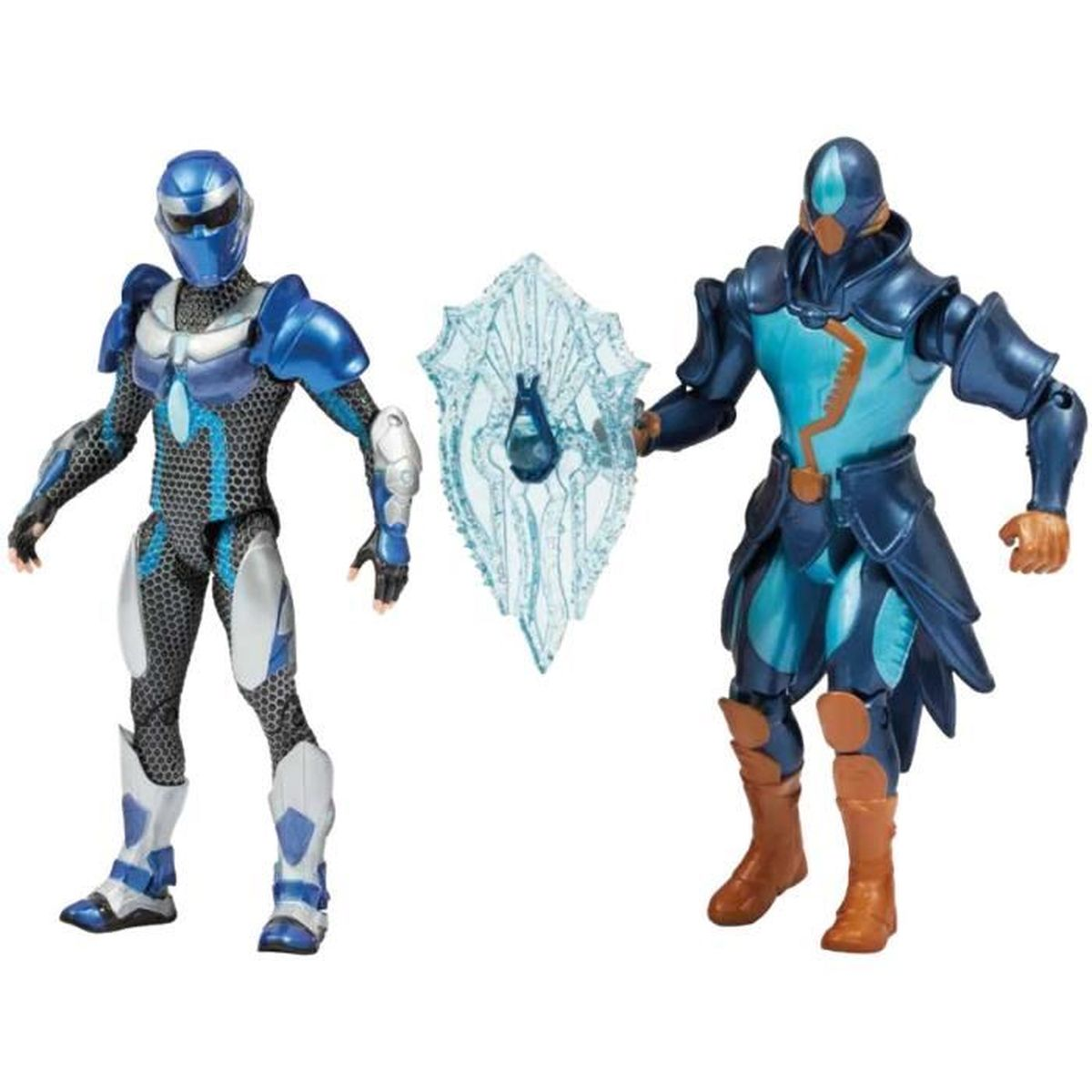 Zwei Actionfiguren: eine in blau-silberner Rüstung, die andere in blau-türkisfarbener Rüstung, mit einem Schild. Beide sind in Kampfposen.