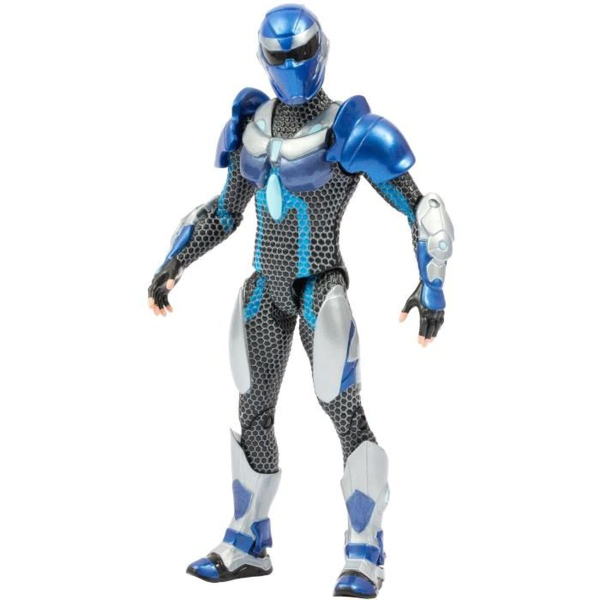 Eine blau-silberne Actionfigur eines futuristischen Kriegers. Sie hat einen Helm, eine Rüstung und einen schwarzen Body mit Wabenmuster.