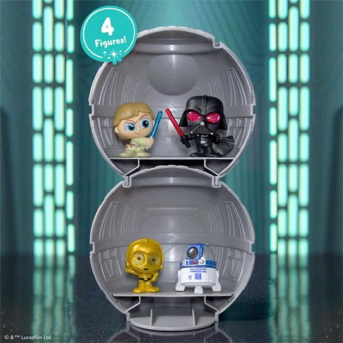Star Wars Figuren in einem grauen kugelförmigen Behälter. Luke Skywalker, Darth Vader, C-3PO und R2-D2 sind darin.