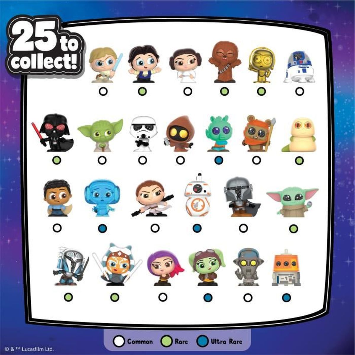 Eine Star Wars-Sammelkarte mit 25 Figuren. Einige sind gewöhnlich, selten oder sehr selten. Enthält Charaktere wie Darth Vader, Yoda und Baby Yoda.
