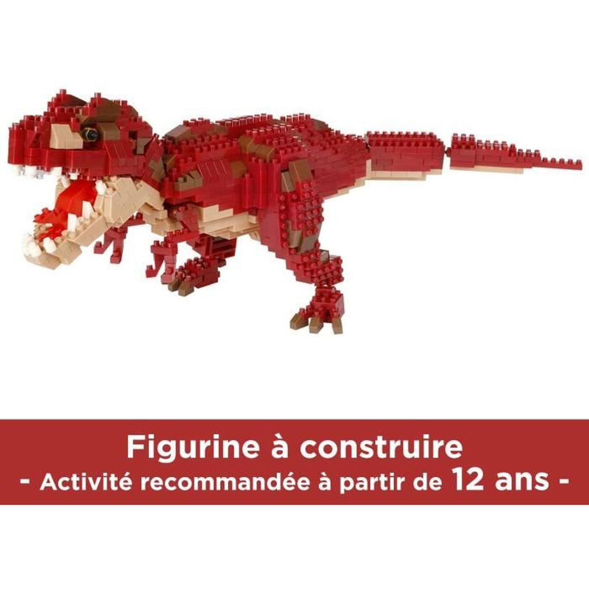 Ein roter und brauner Dinosaurier aus Bausteinen mit offenem Maul und sichtbarer Zunge. Ein Banner unten empfiehlt es für Kinder ab 12 Jahren.