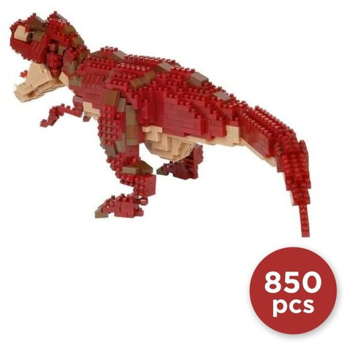 Ein roter und brauner Spielzeugdinosaurier aus Blöcken. Ein roter Kreis mit weißem Text '850 pcs' befindet sich unten rechts.