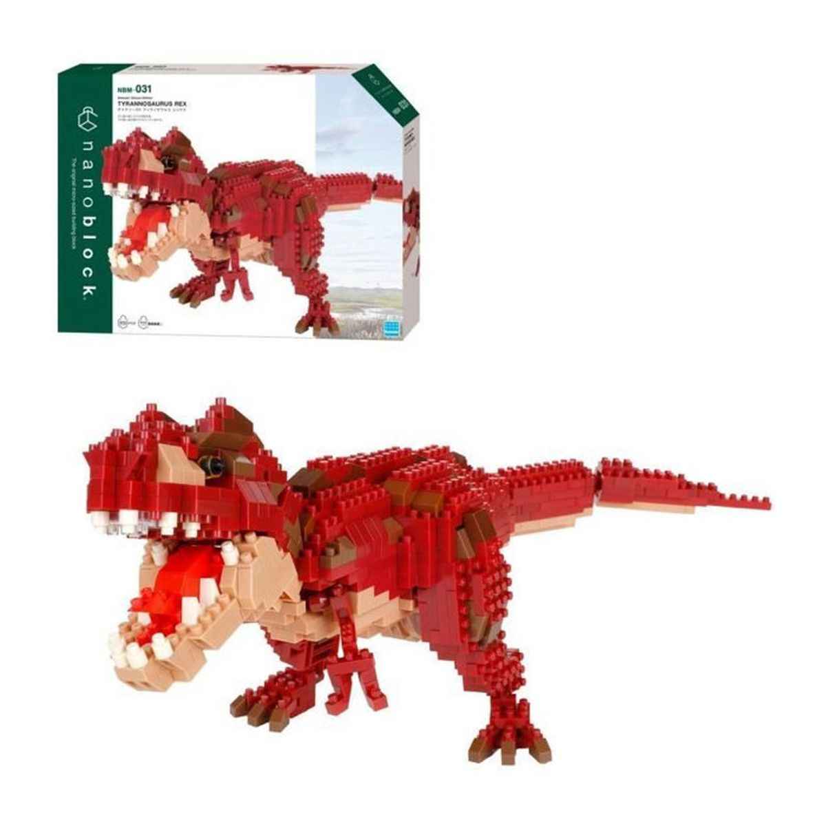 Ein Nanoblock Tyrannosaurus Rex Modell, hauptsächlich rot und braun, mit offenem Mund, roter Zunge und weißen Zähnen, neben der Verpackung.
