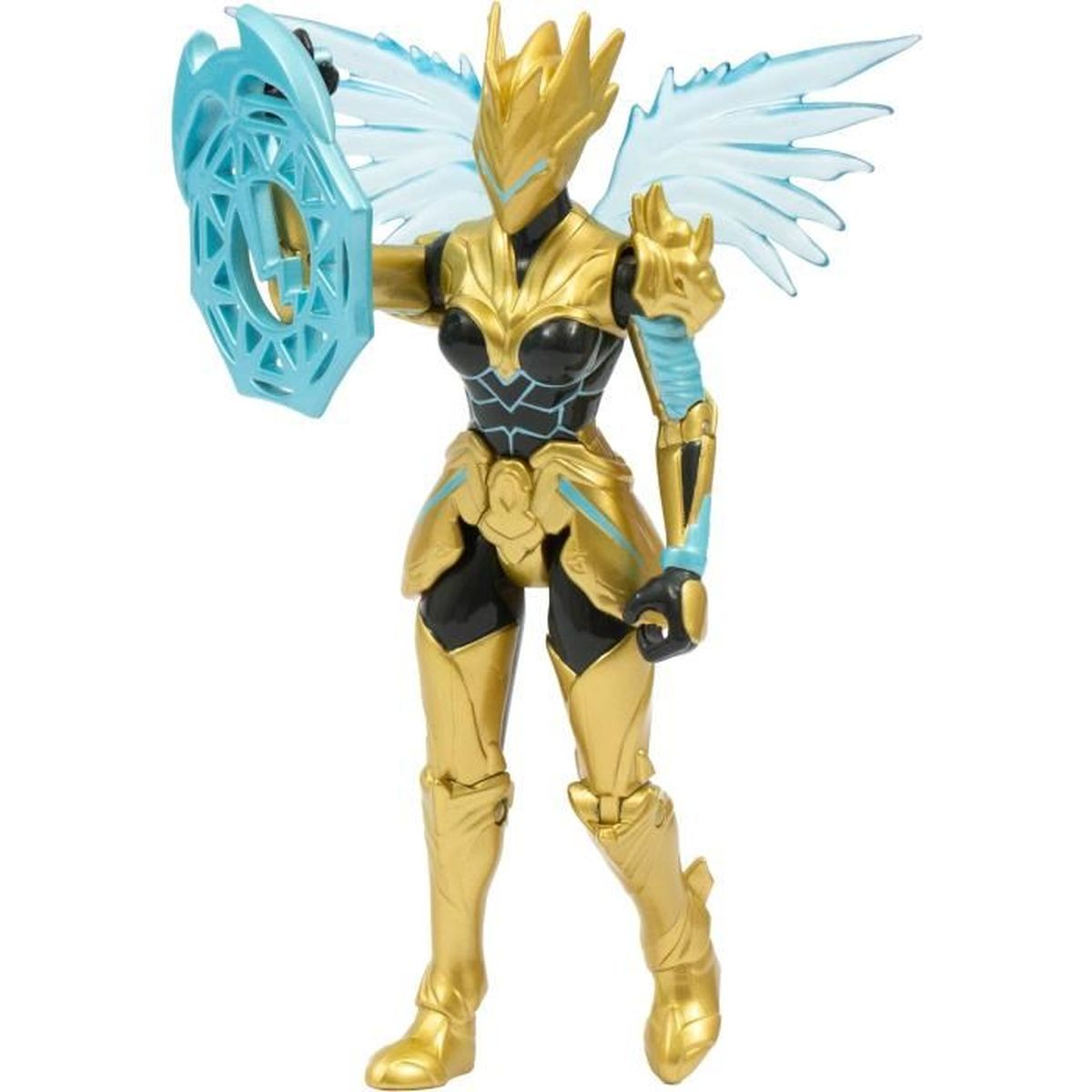 Eine goldene Actionfigur eines geflügelten Kriegers, der einen Schild hält. Die Figur hat goldene Rüstung, schwarze Akzente und blaue Flügel und Schild.