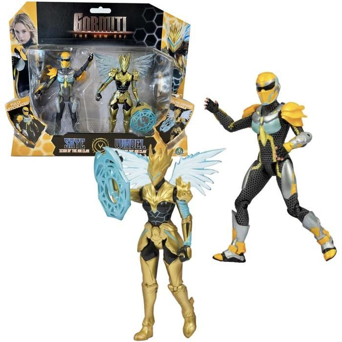 Actionfiguren: Skye und Windel von Gormiti, mit Flügeln, Rüstung und Schild. Verpackung mit Charakterbildern sichtbar.