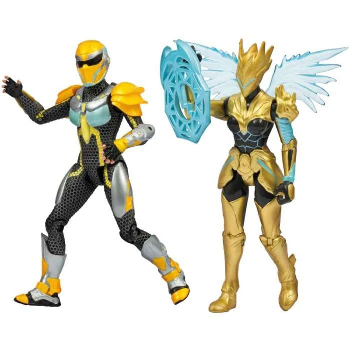 Zwei Actionfiguren: eine in schwarzer, silberner und gelber Rüstung, die andere in goldener Rüstung mit blauen Flügeln und Schild.