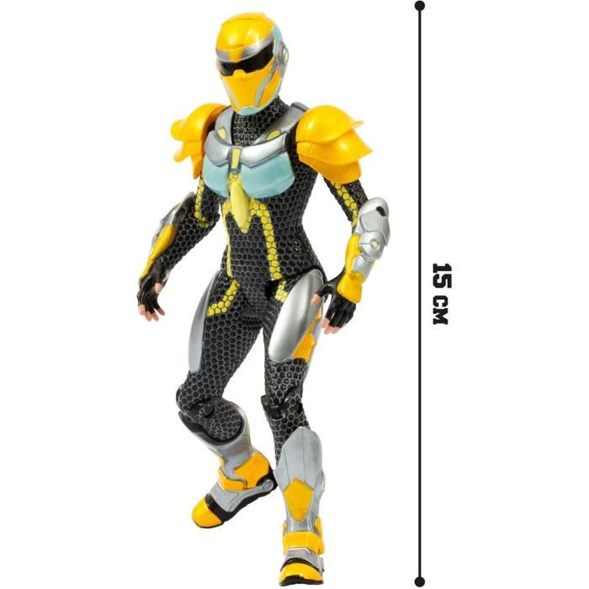 Eine 15 cm große Actionfigur eines Superhelden in gelber und schwarzer Rüstung. Die Figur hat einen Helm, Schulterpolster und Stiefel, mit grauen und gelben Details.