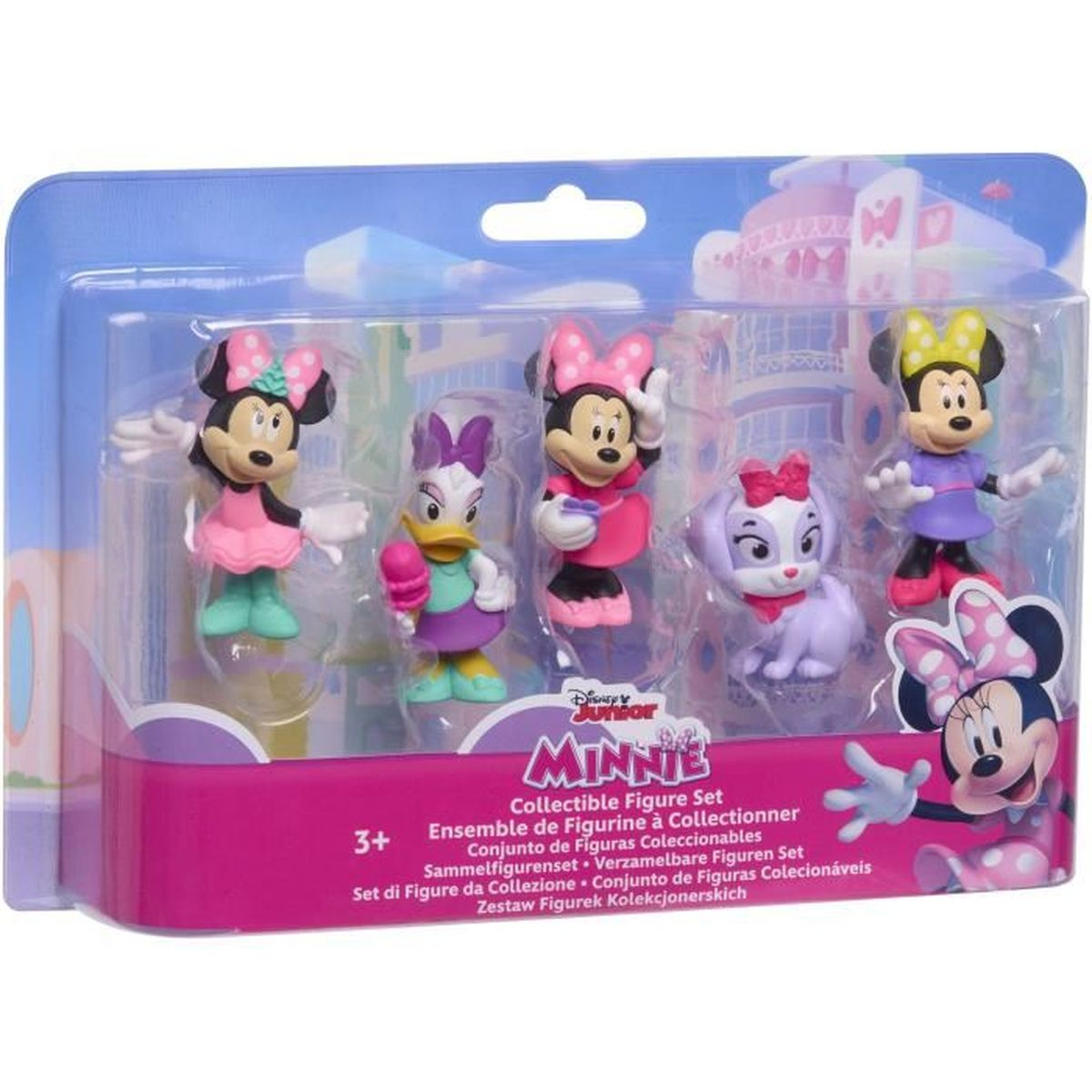 Ein Minnie Mouse Sammelfiguren-Set. Es zeigt Minnie, Daisy, einen Hund und zwei weitere Minnie-Figuren, alle in Kunststoffverpackung.