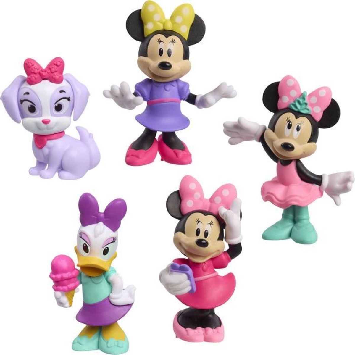Fünf Disney-Figuren: ein Hund, Minnie Maus mit gelber Schleife, Minnie Maus mit rosa Schleife, Daisy Duck mit Eis und Minnie Maus mit einem Buch.