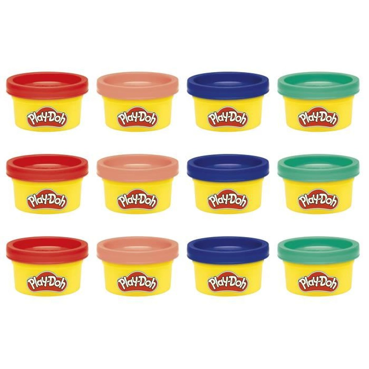 Zwölf Play-Doh-Behälter. Jeder hat eine gelbe Basis mit Deckeln in Rot, Pfirsich, Blau und Grün. Das Play-Doh-Logo ist sichtbar.