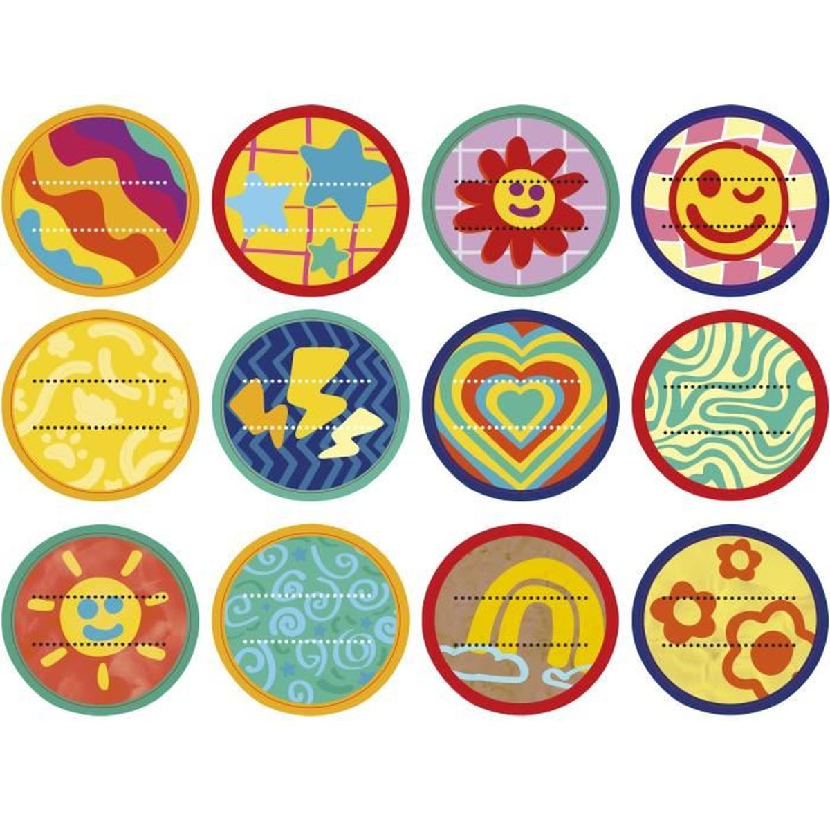 Zwölf bunte, kreisförmige Aufkleber mit verschiedenen Designs: Sterne, Smileys, Herzen, Blumen, Regenbogen und Blitze. Jeder hat eine gepunktete Linie.