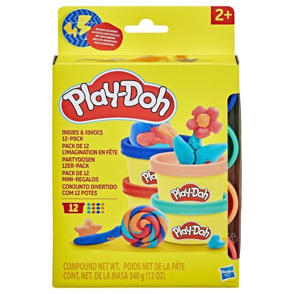 Eine Play-Doh-Box mit bunten Play-Doh-Behältern und -Formen sowie Text in mehreren Sprachen. Die Box ist gelb.