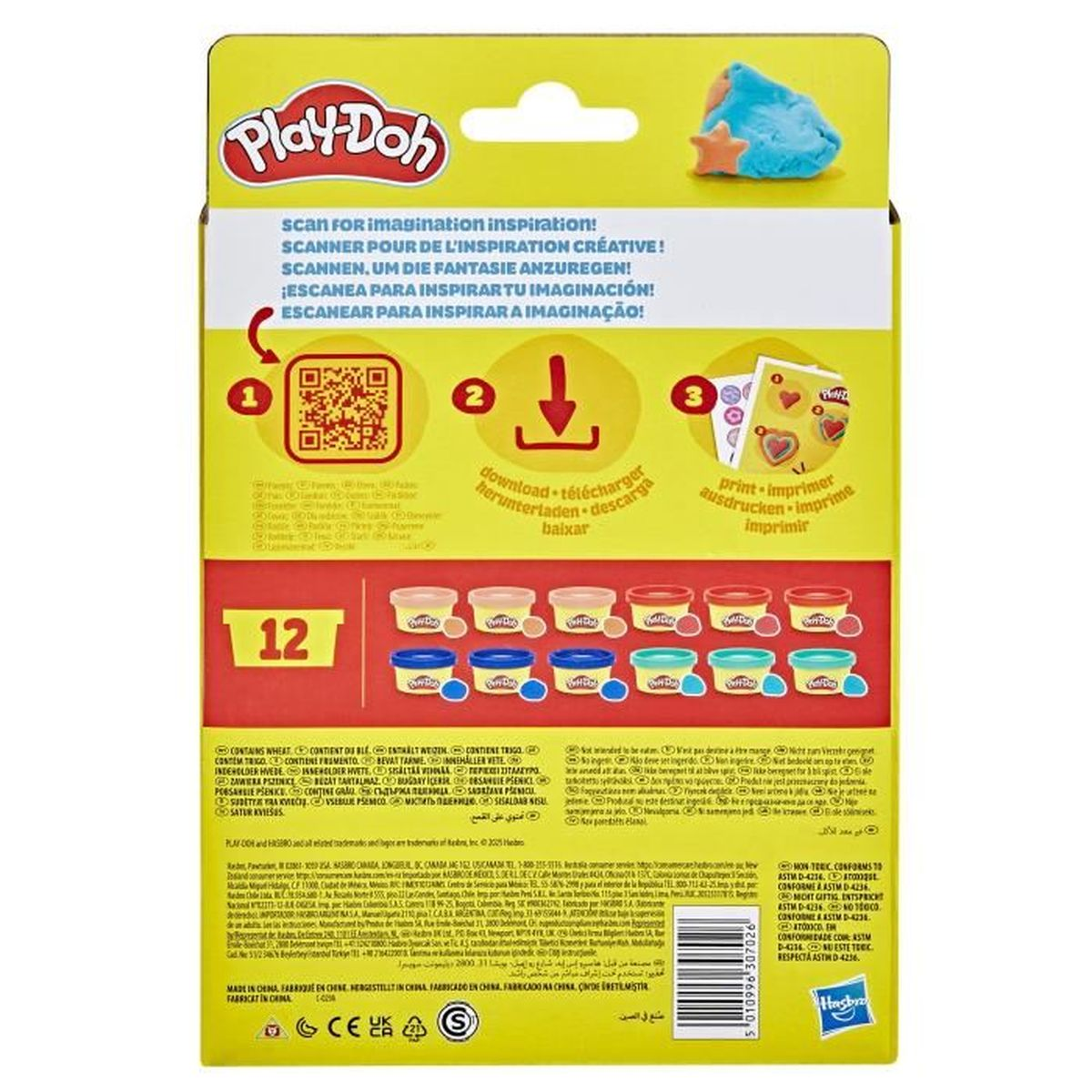 Play-Doh-Box mit 12 Dosen farbiger Knete, QR-Code, Download-Symbol und gedruckten Beispielbildern.