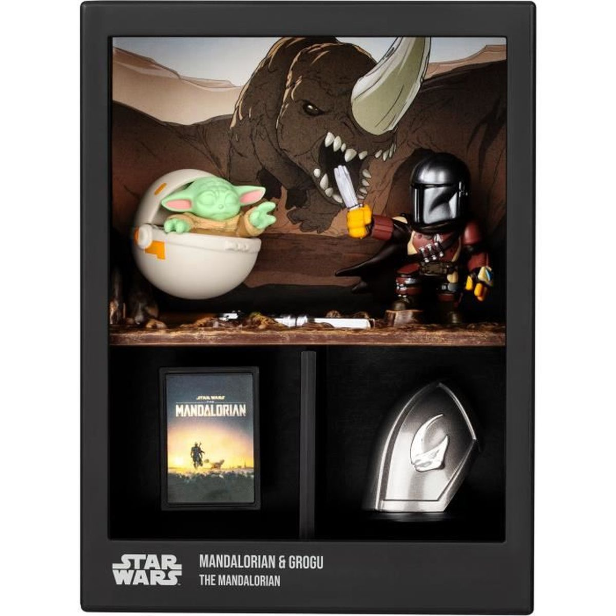 Eine Star Wars-Anzeige zeigt Grogu in einer Kapsel, den Mandalorianer und ein riesiges Wesen, mit einem Mandalorianer-Helm und einem Poster.