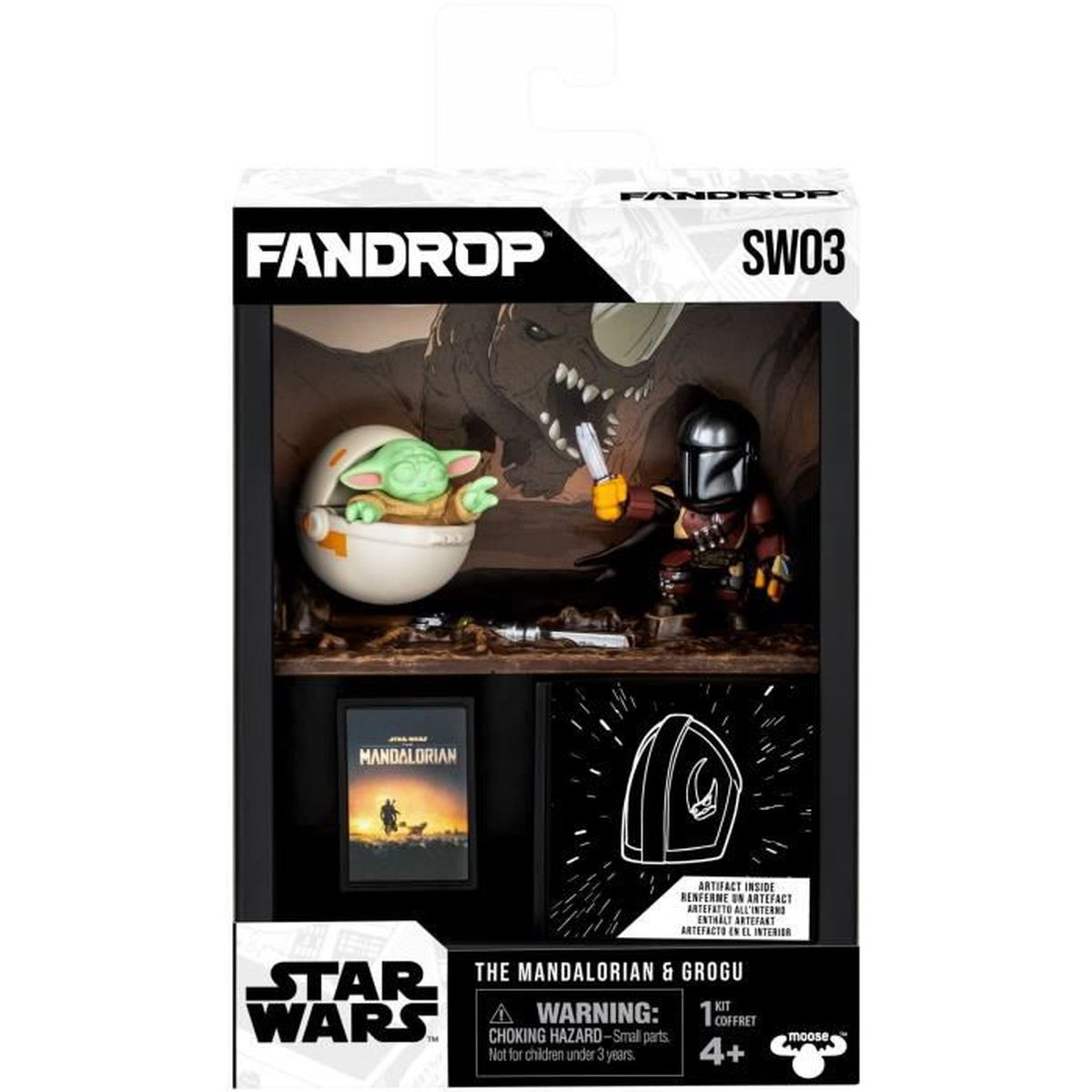 Eine Star Wars Fandrop-Box. Sie enthält Figuren von The Mandalorian und Grogu, ein Artefakt und ein Mandalorian-Poster. Die Box hat eine Warnung.