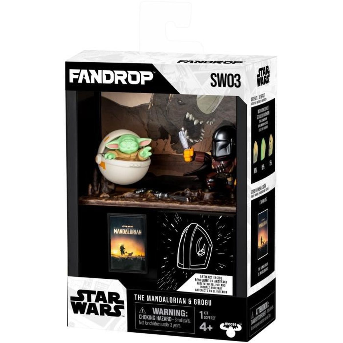 Eine Star Wars Fandrop-Box mit den Figuren The Mandalorian und Grogu. Enthält eine kleine Grogu-Figur im Ei und eine Mandalorianer-Figur.