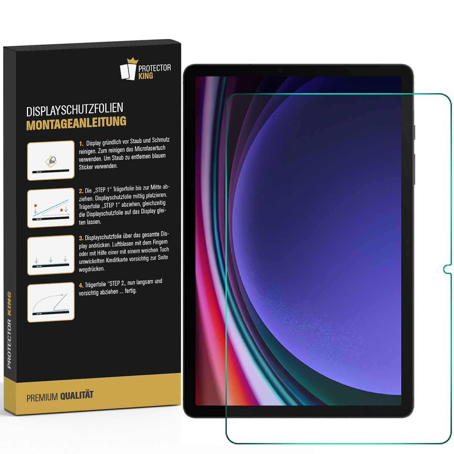 Ein Tablet mit Displayschutzfolie wird neben seiner Verpackung gezeigt. Anweisungen und ein Logo sind auf der Box sichtbar.