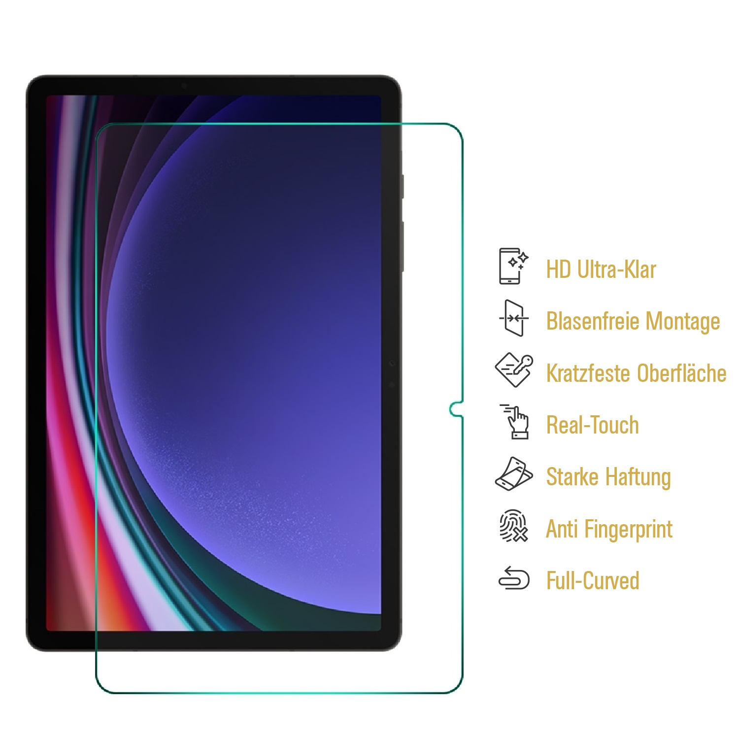 Ein Tablet mit angebrachtem Displayschutz. Merkmale: HD Ultra-Klar, Blasenfreie Montage, Kratzfeste Oberfläche, Real-Touch.