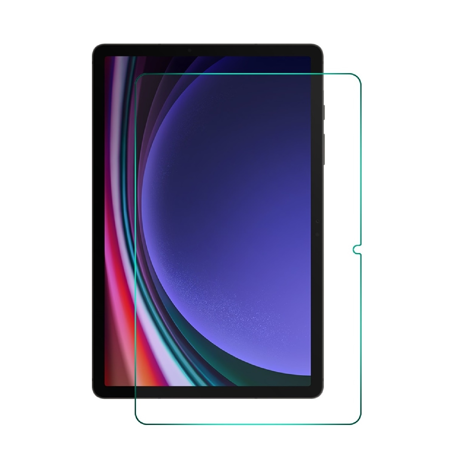 Ein Tablet mit Displayschutzfolie wird angezeigt. Das Tablet hat einen schwarzen Rahmen und einen bunten Bildschirm. Der Schutz ist klar und grün umrandet.