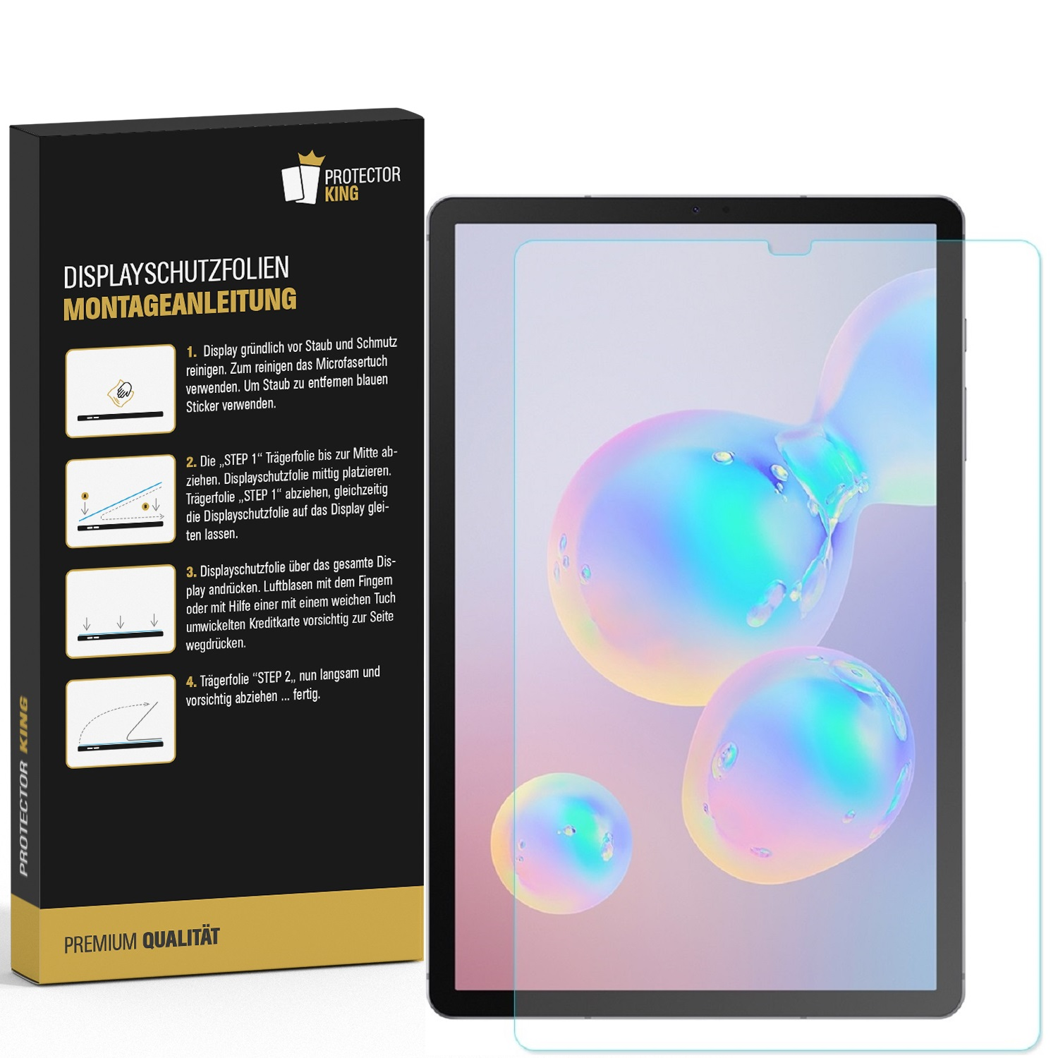 Ein Tablet mit Displayschutzfolie, Anweisungsbox links mit Text und Bildern, bunte Blasen auf dem Bildschirm.